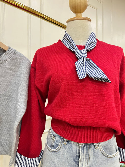 Solid Color Round Neck Sweater With Gingham Scarf